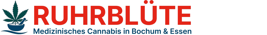 Ruhrblüte Logo: Roter & blauer Schriftzug mit Icon aus Schale & Hanfblatt